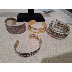 Mixed Cuff Bracelet Lot 4 Pc – Premier Designs Silvertone + Gold Tone – Costume